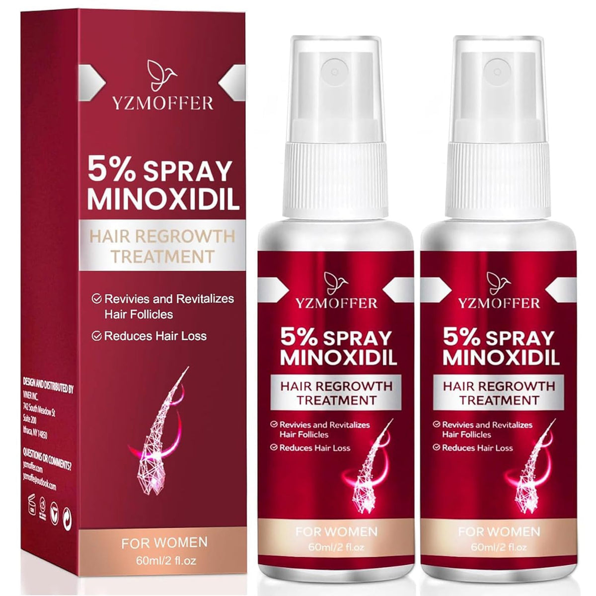 Yzmoffer front packaging showing 5% minoxidil spray and benefits