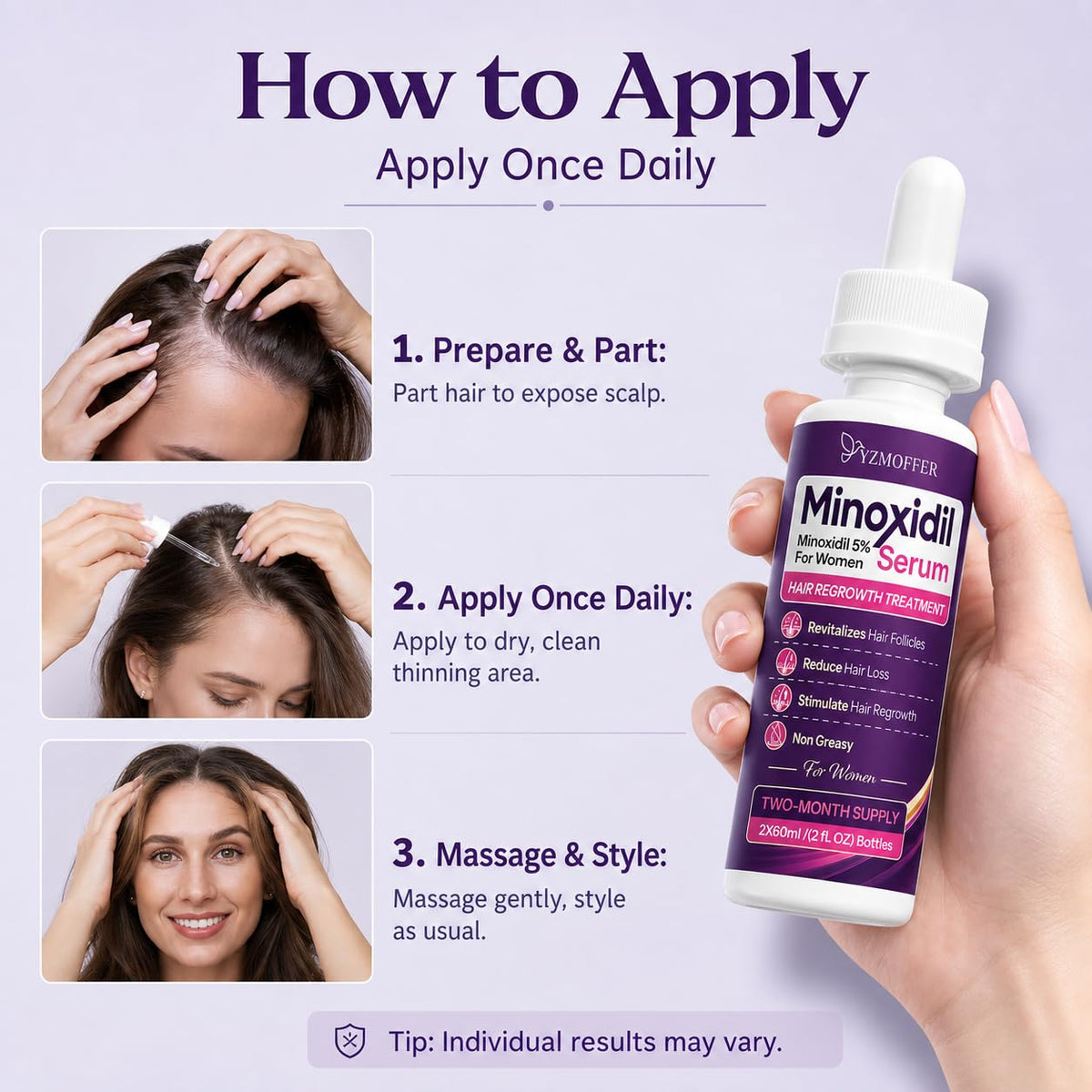 Yzmoffer product label close-up highlighting active 5% minoxidil concentration