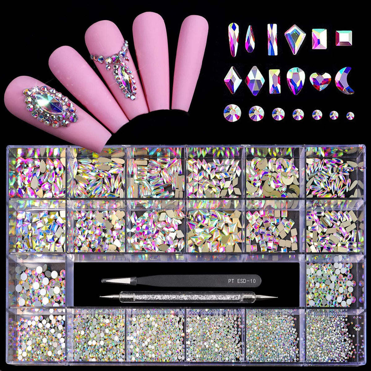Yzzseven front box and contents showing organized rhinestone storage and tools for convenience