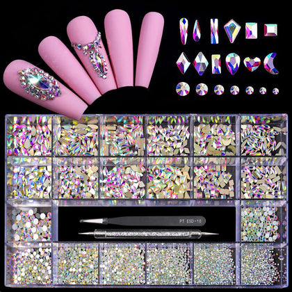 Yzzseven front box and contents showing organized rhinestone storage and tools for convenience