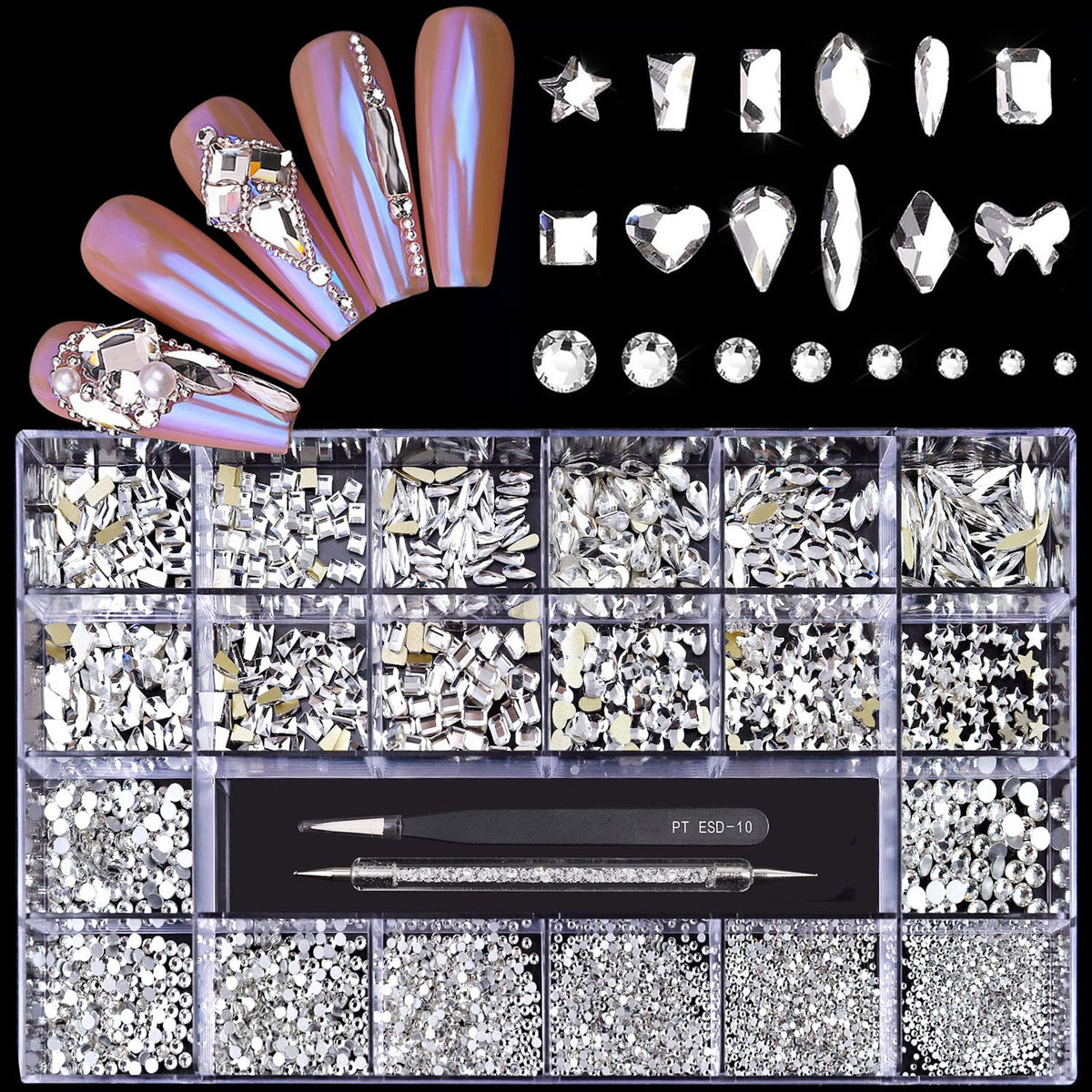 Yzzseven front box open showing organized rhinestone compartments and variety