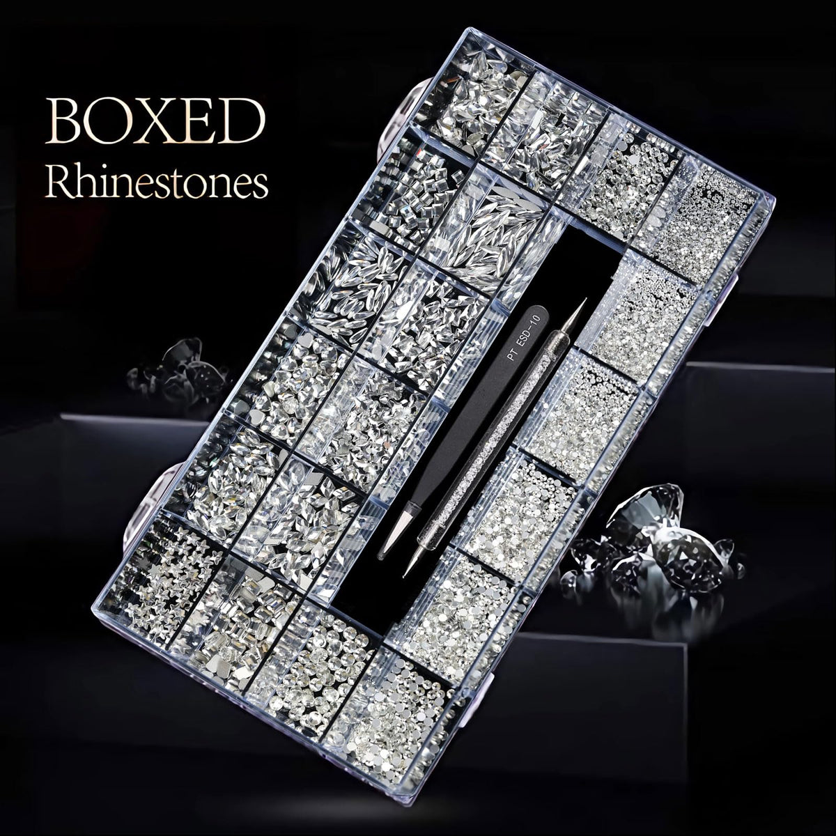 Yzzseven tray with mixed flatback rhinestones showing many styles and sizes