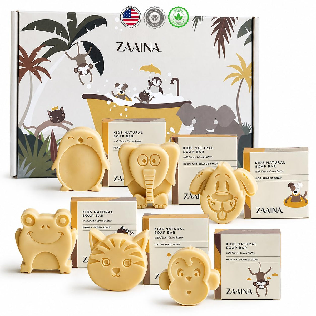 ZAAINA front packaging showing six colorful animal soaps and appealing gift design