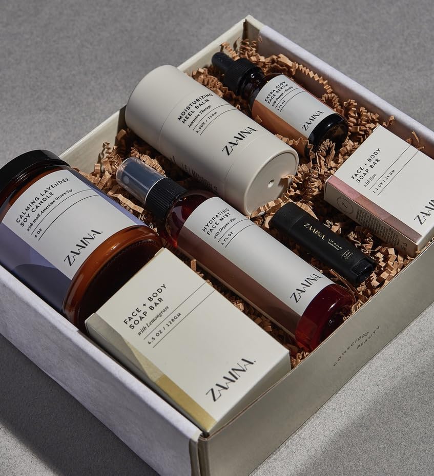 ZAAINA gift box unboxed arrangement with items organized for a complete spa experience