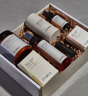 ZAAINA gift box unboxed arrangement with items organized for a complete spa experience