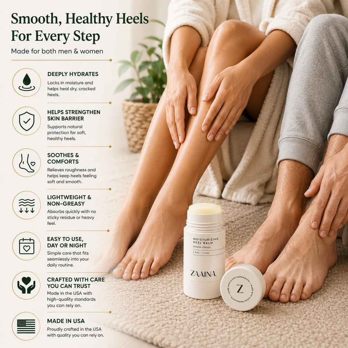applying ZAAINA heel balm stick to cracked heel for targeted softening and repair