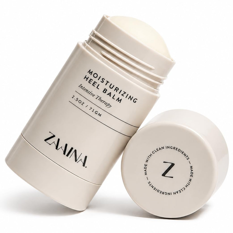 ZAAINA heel balm stick front packaging showing compact travel-friendly design and benefits