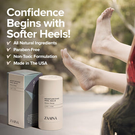 ZAAINA heel balm stick in a shoe-ready bag illustrating on-the-go foot care convenience