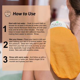 Zakia's Morocco glove being used in shower to remove dead skin and dirt