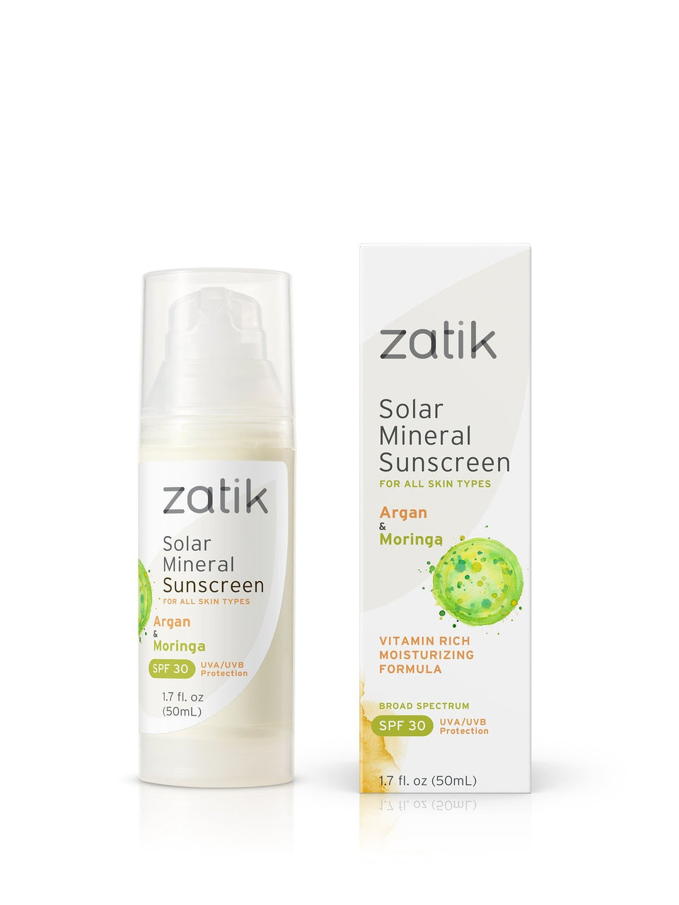 Zatik front packaging showing SPF 30 and argan moringa benefits