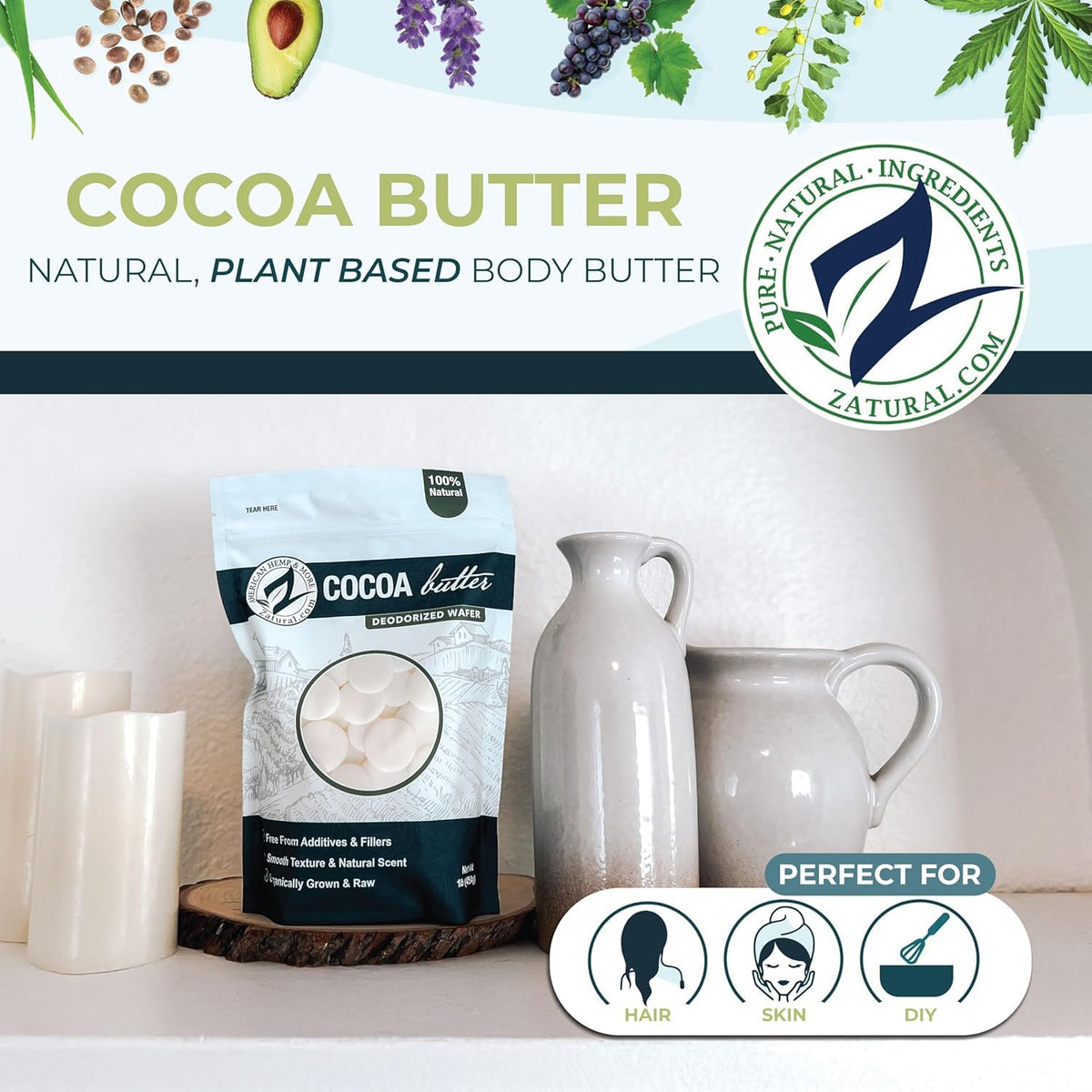 Zatural cocoa butter on kitchen workbench with tools for culinary and craft use