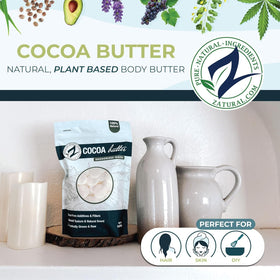 Zatural cocoa butter on kitchen workbench with tools for culinary and craft use