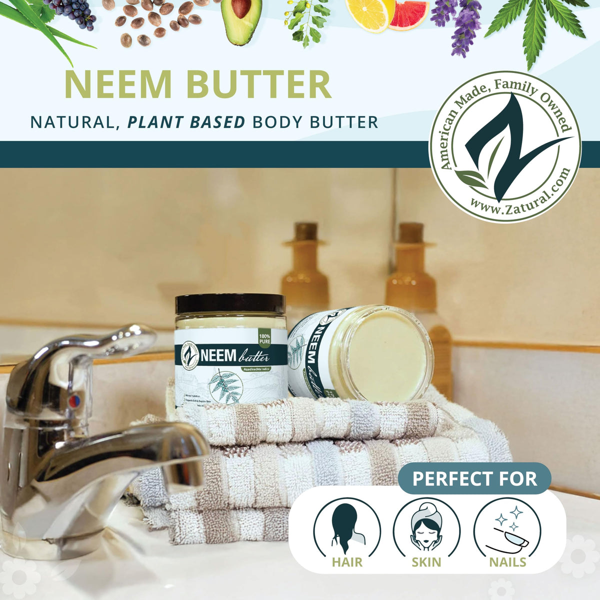 Zatural texture close-up of creamy neem butter, shows rich emollience