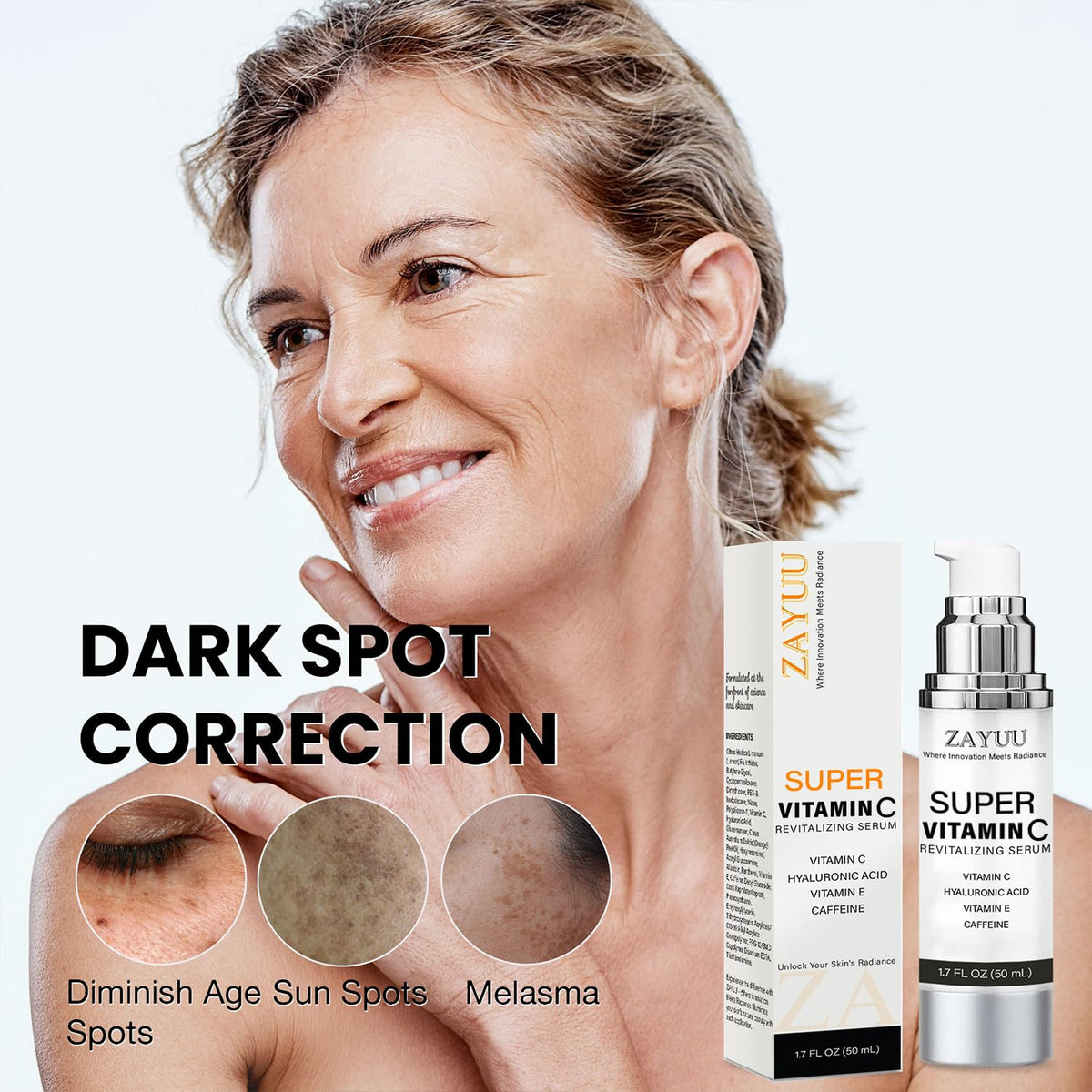 ZAYUU ingredients panel highlighting key actives like Vitamin C and hyaluronic acid