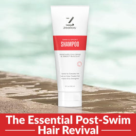 Zealios in use poolside with swimmer showing chlorine removal benefit