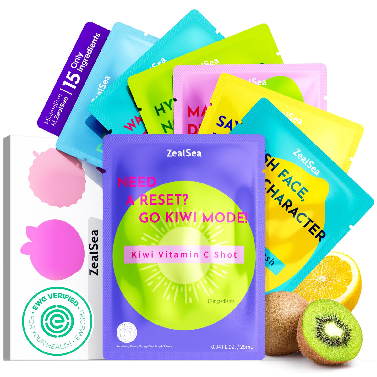 ZealSea front packaging showing all seven fruit sheet mask variants and benefits