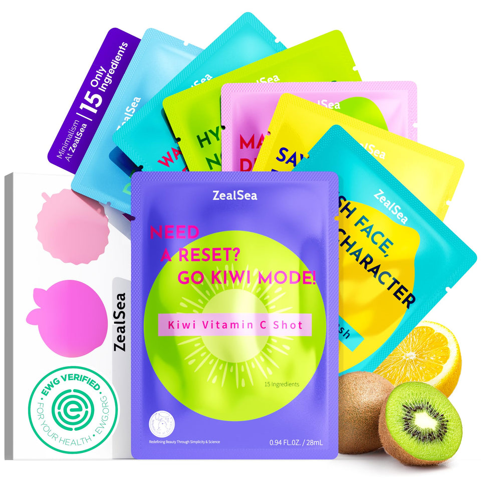ZealSea front packaging showing all seven fruit sheet mask variants and benefits