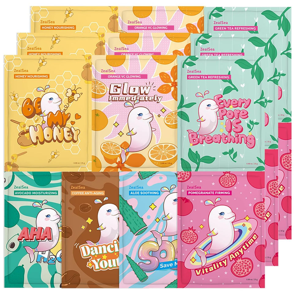 ZealSea front packaging showing 21 assorted sheet masks and benefits