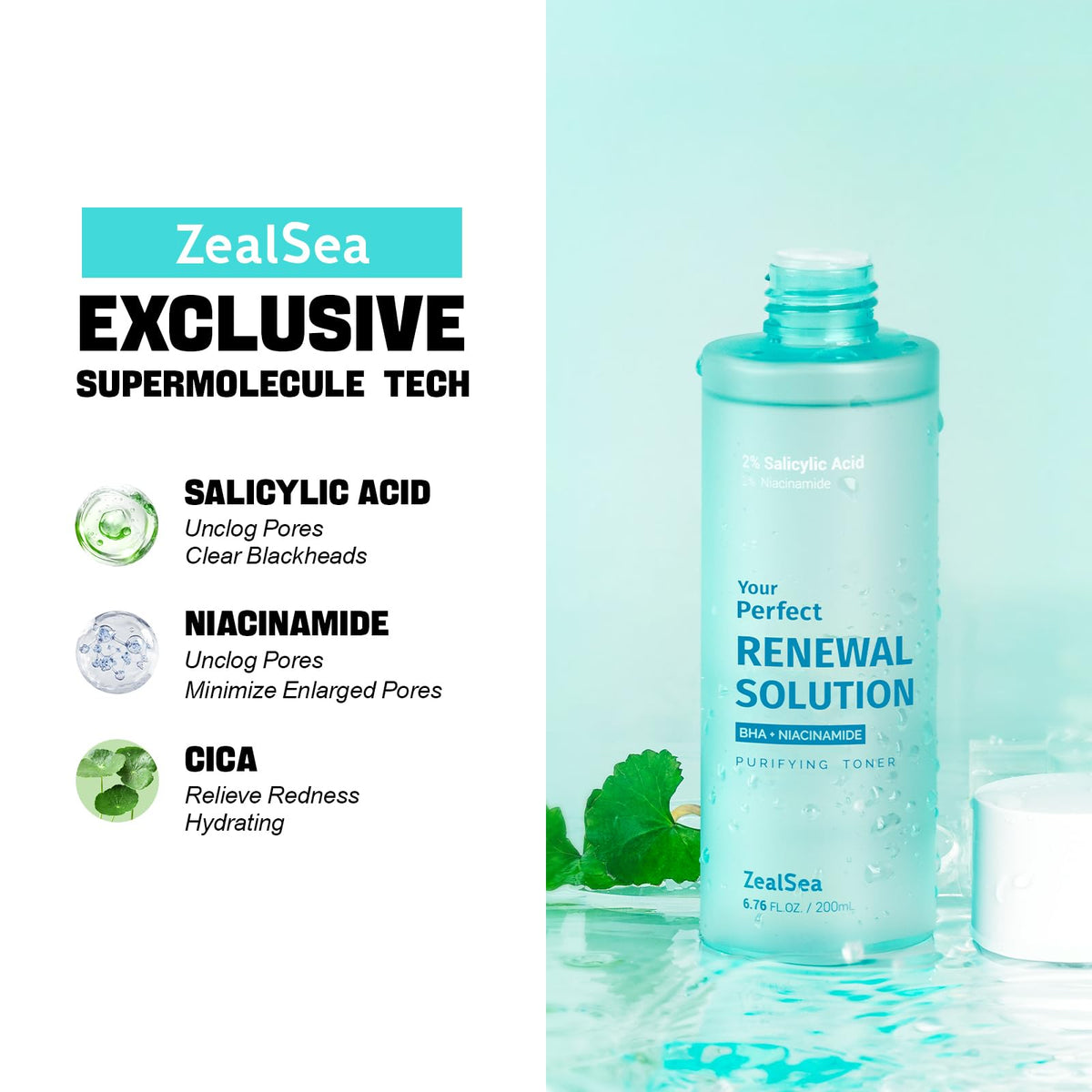 ZealSea ingredient label close-up showing salicylic acid and niacinamide benefits