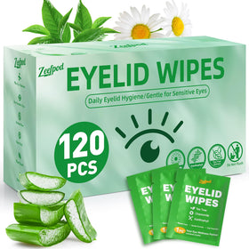 Zeefpod front packaging showing 120 tea tree eyelid wipes and benefits