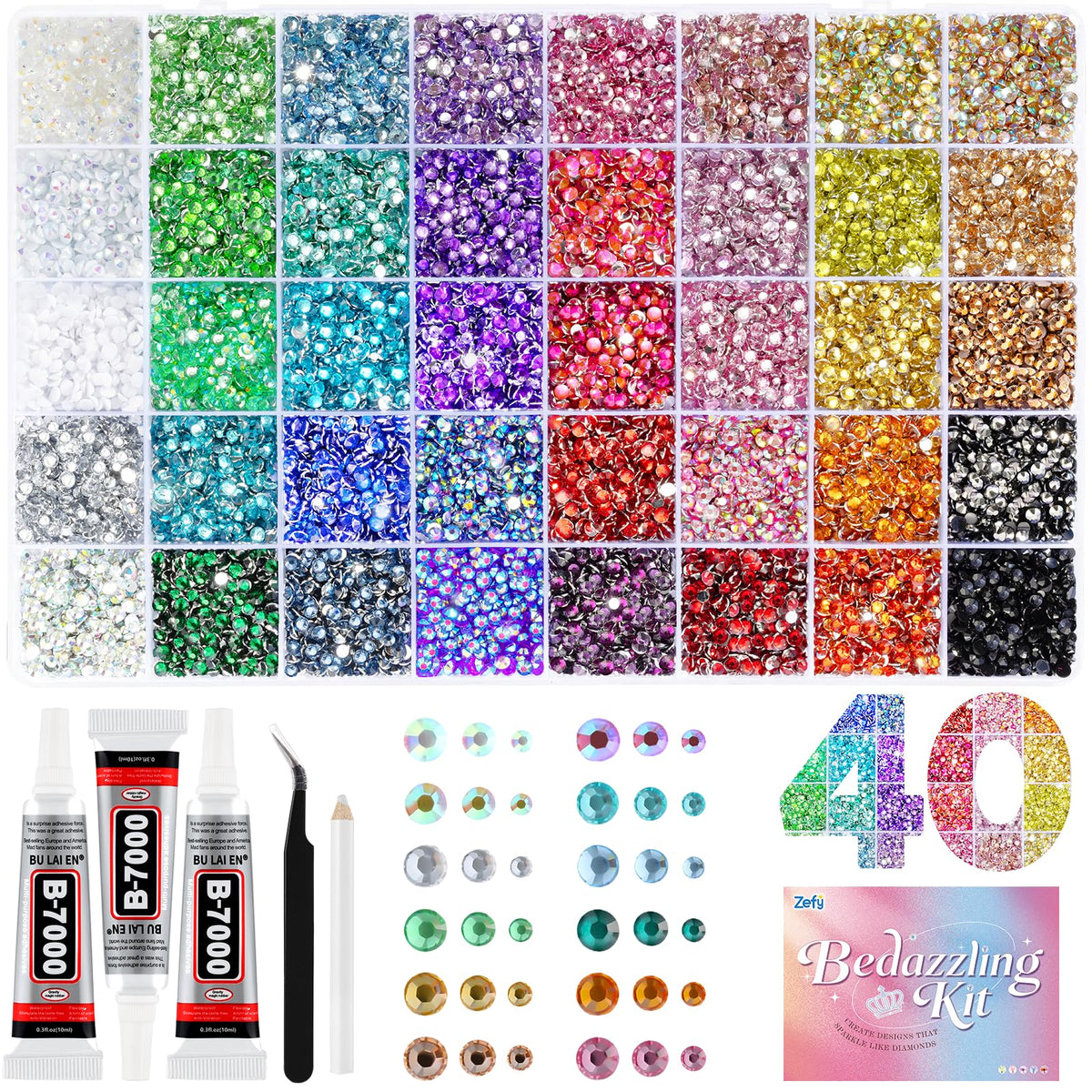 zefy front packaging showing full rhinestone kit and organizer for easy purchases