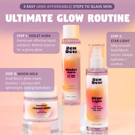 Zen Dew in bathroom lifestyle shot showing daily hydration ritual and radiant finish