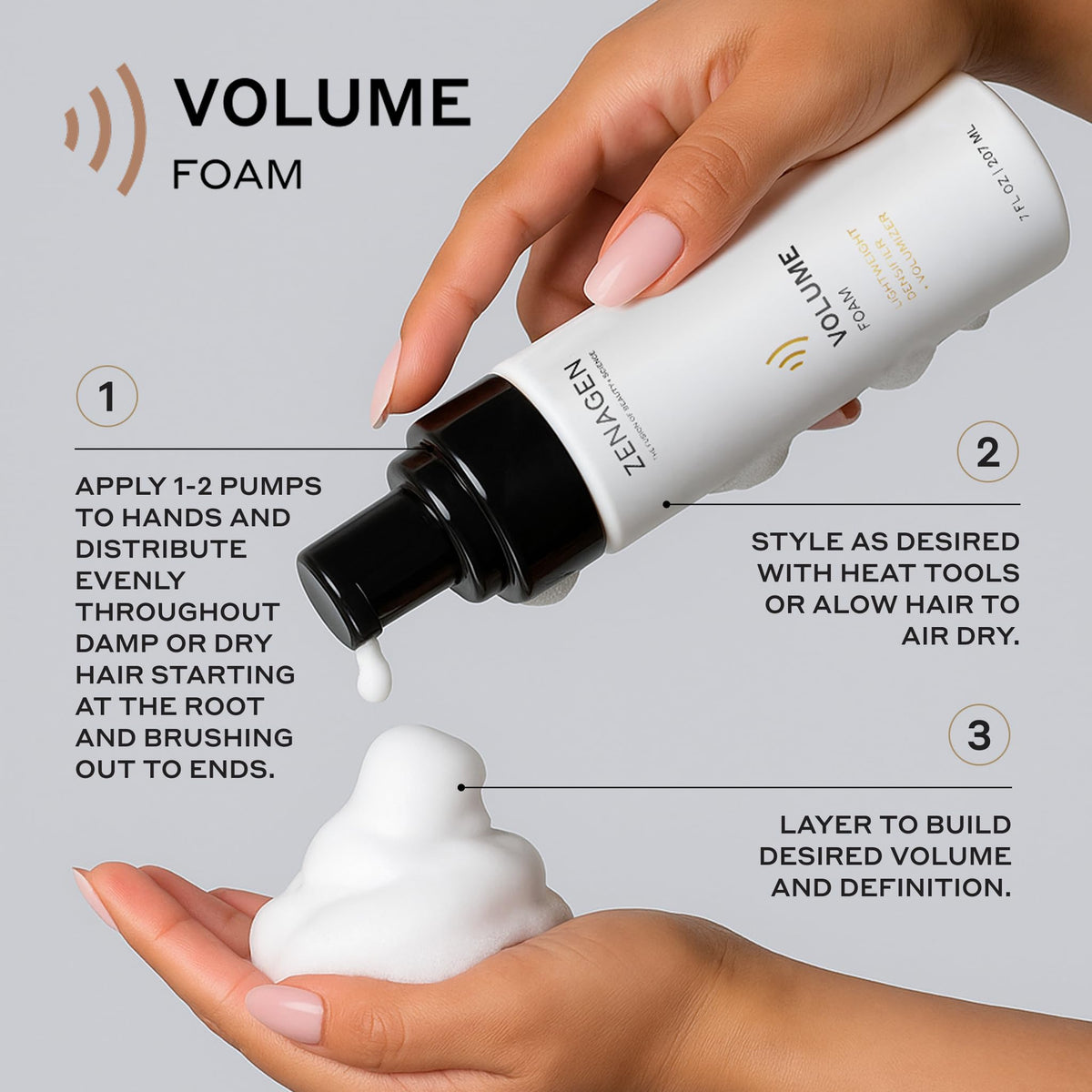 Zenagen foam being worked into damp hair for root lift benefit