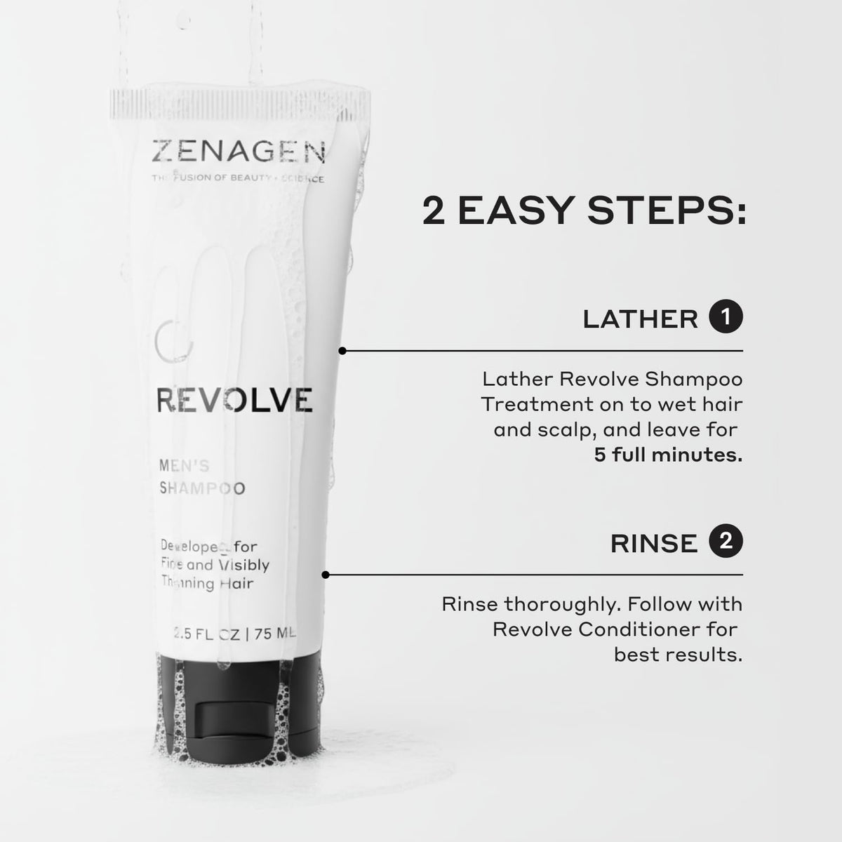 Zenagen shampoo in use lather on scalp demonstrating cleansing and lightweight feel