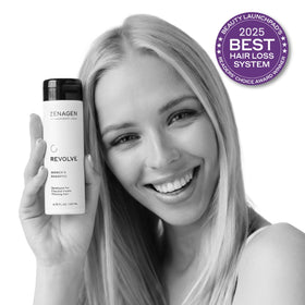 ZENAGEN Revolve densifying serum bottle showing brand and targeted scalp support benefit