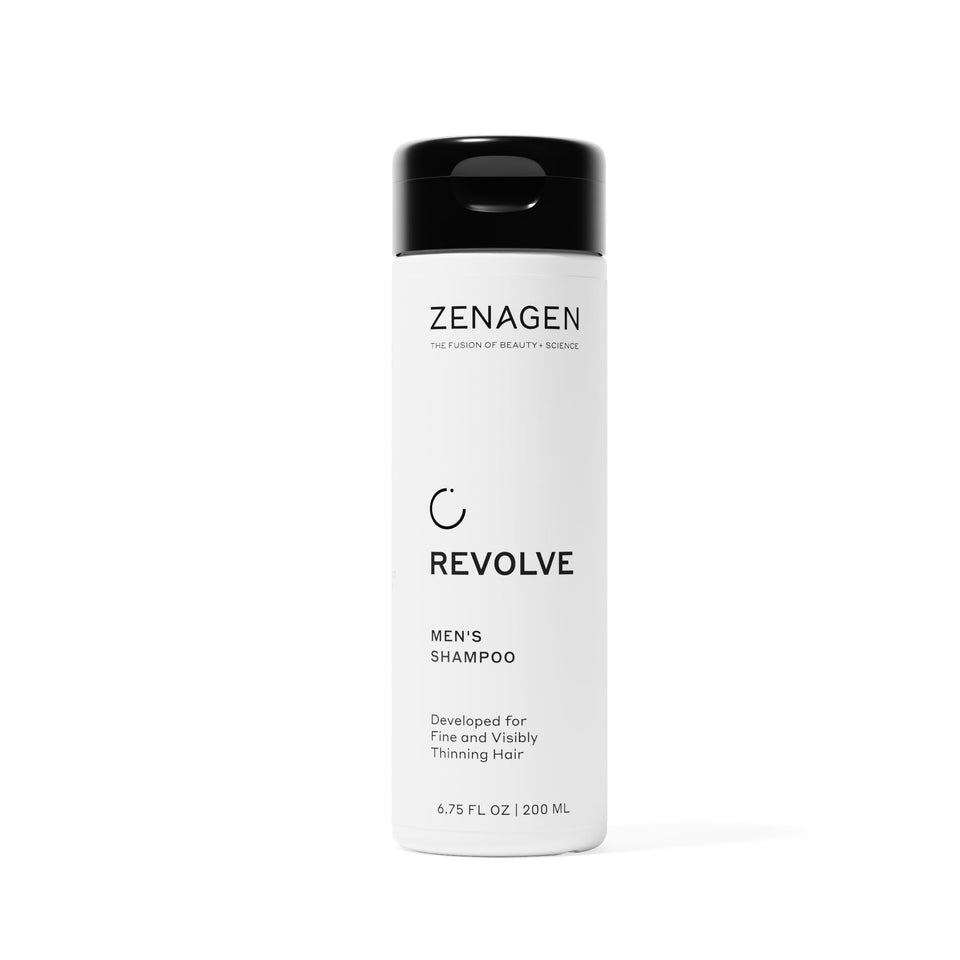 Zenagen Revolve front bottle showing plant-based shampoo for fuller-looking hair