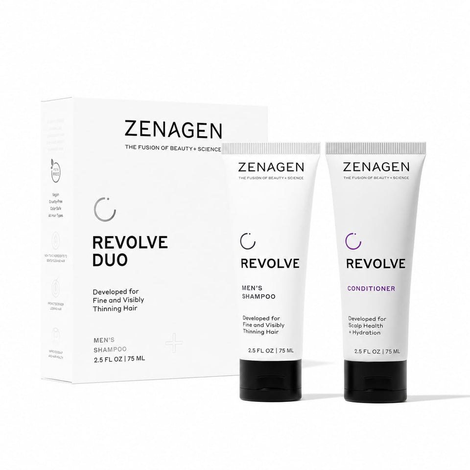 Zenagen front packaging showing travel shampoo and conditioner, convenient for trips