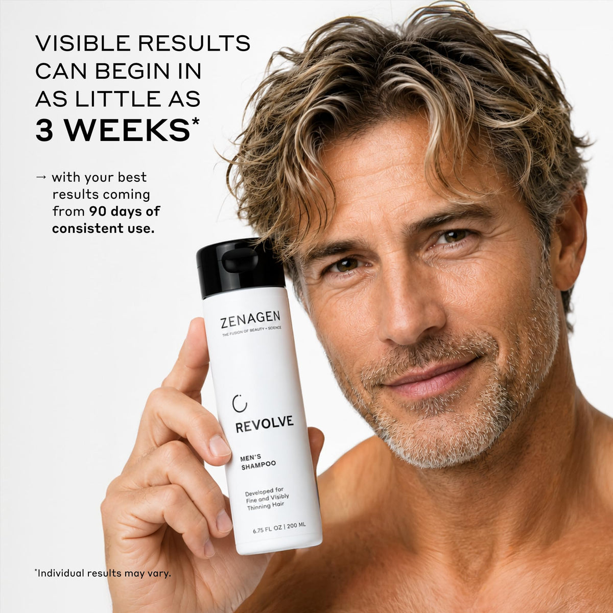 Zenagen Revolve shampoo in shower being applied to hair for refreshed scalp benefit