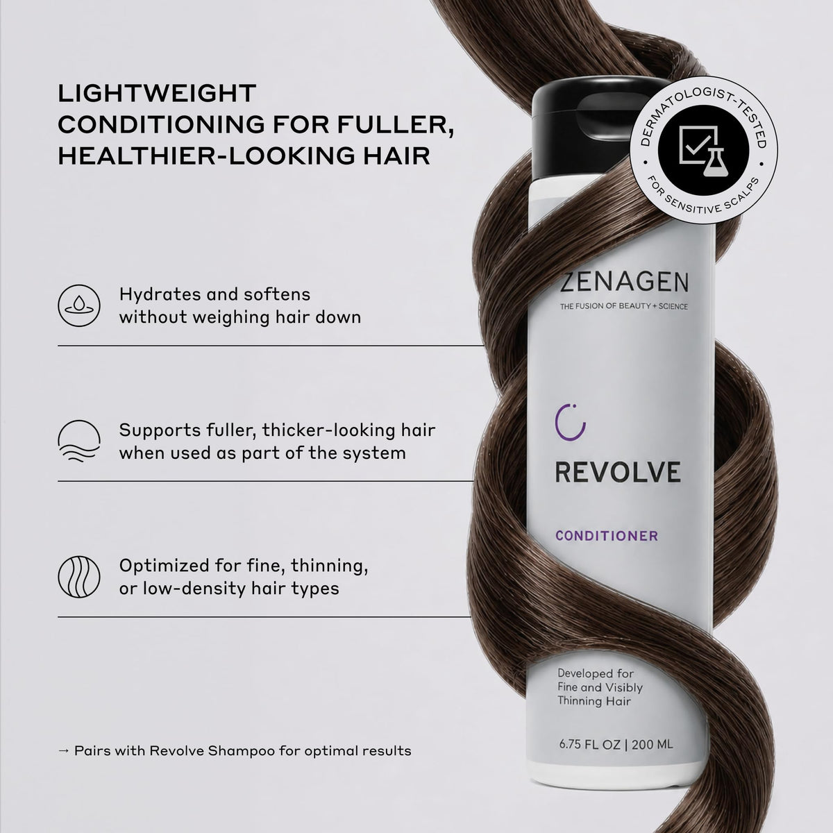 Zenagen Revolve shampoo bottle closeup label highlighting scalp support