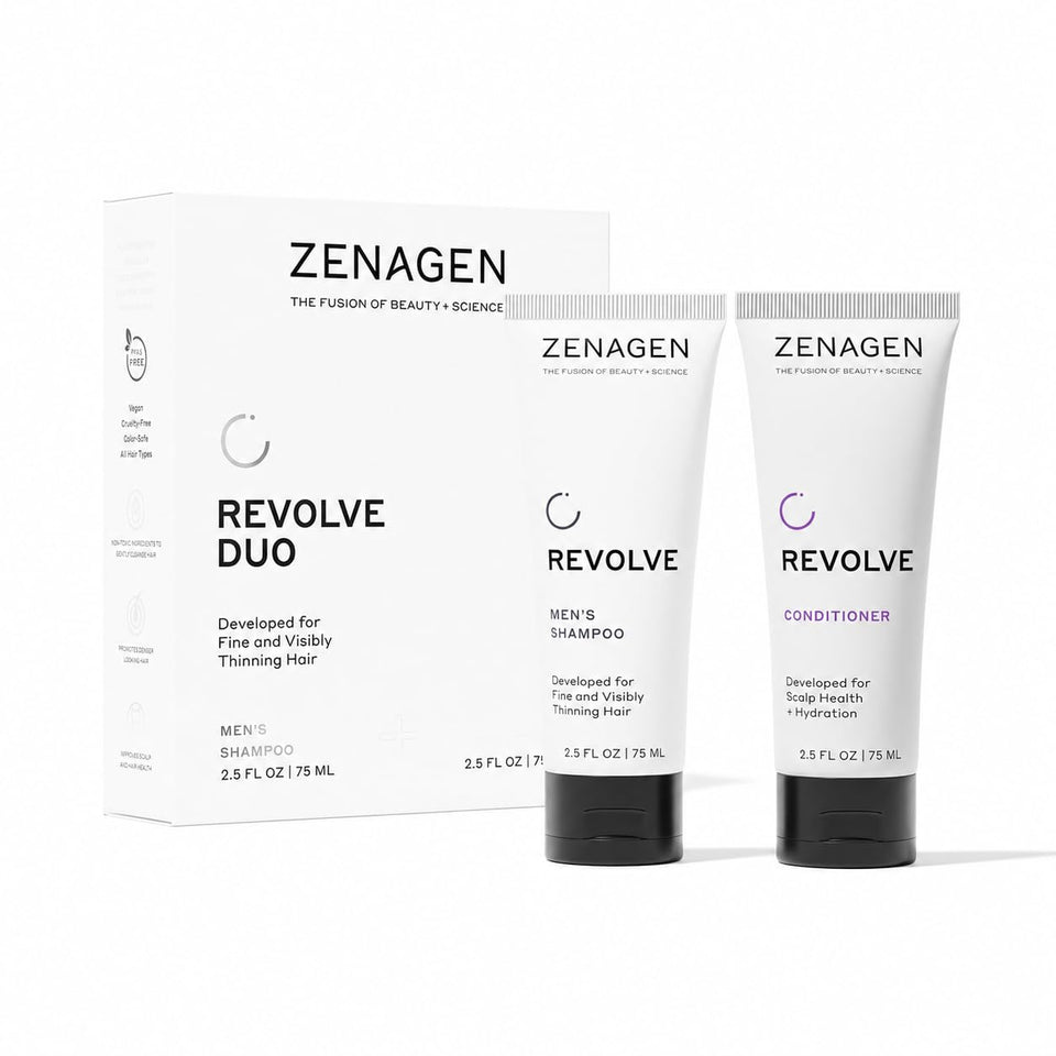 Zenagen Revolve travel kit front packaging showing compact dual bottles for convenience