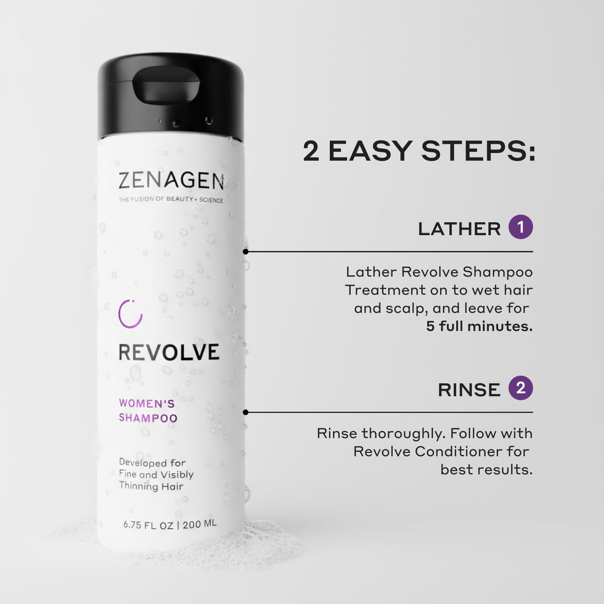 ZENAGEN shampoo texture dispensed on palm showing brand and clarifying, volumizing benefit