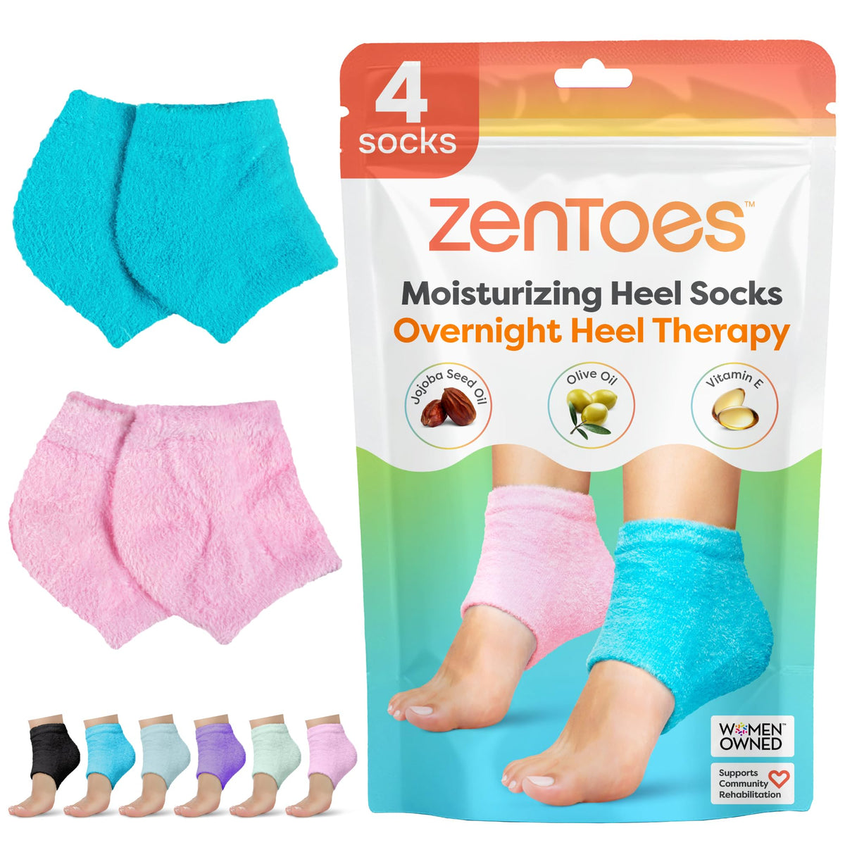 ZenToes front packaging showing fuzzy blue and pink socks and clear benefit