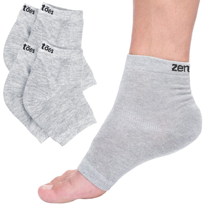 ZenToes front packaging showing gray moisturizing socks and product benefit