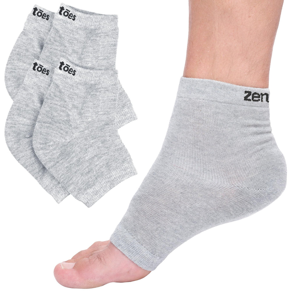 ZenToes front packaging showing gray moisturizing socks and product benefit