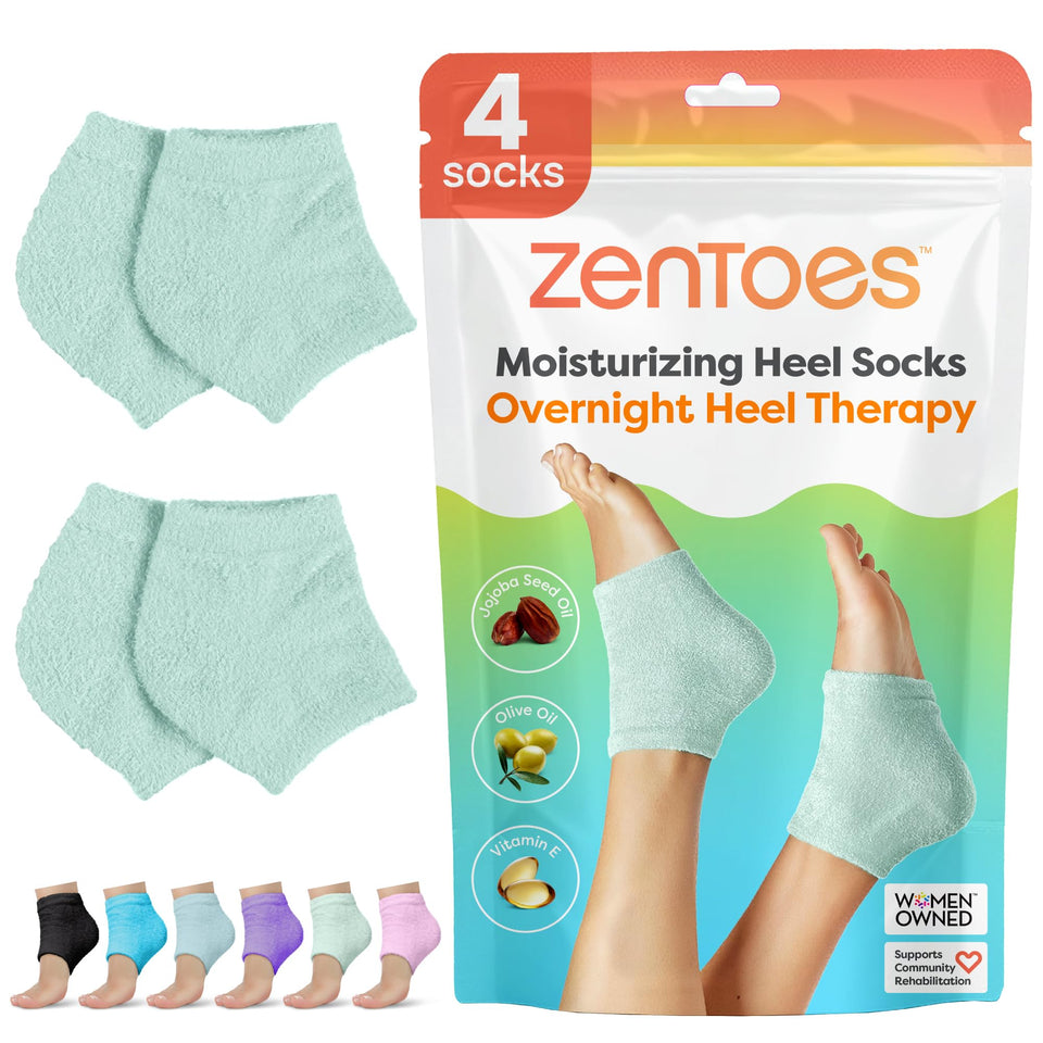 ZenToes front view showing two mint pairs and clear heel benefit