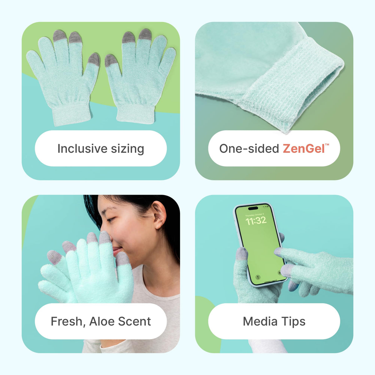 ZenToes gloves using media tips to scroll touchscreen while hydrating hands