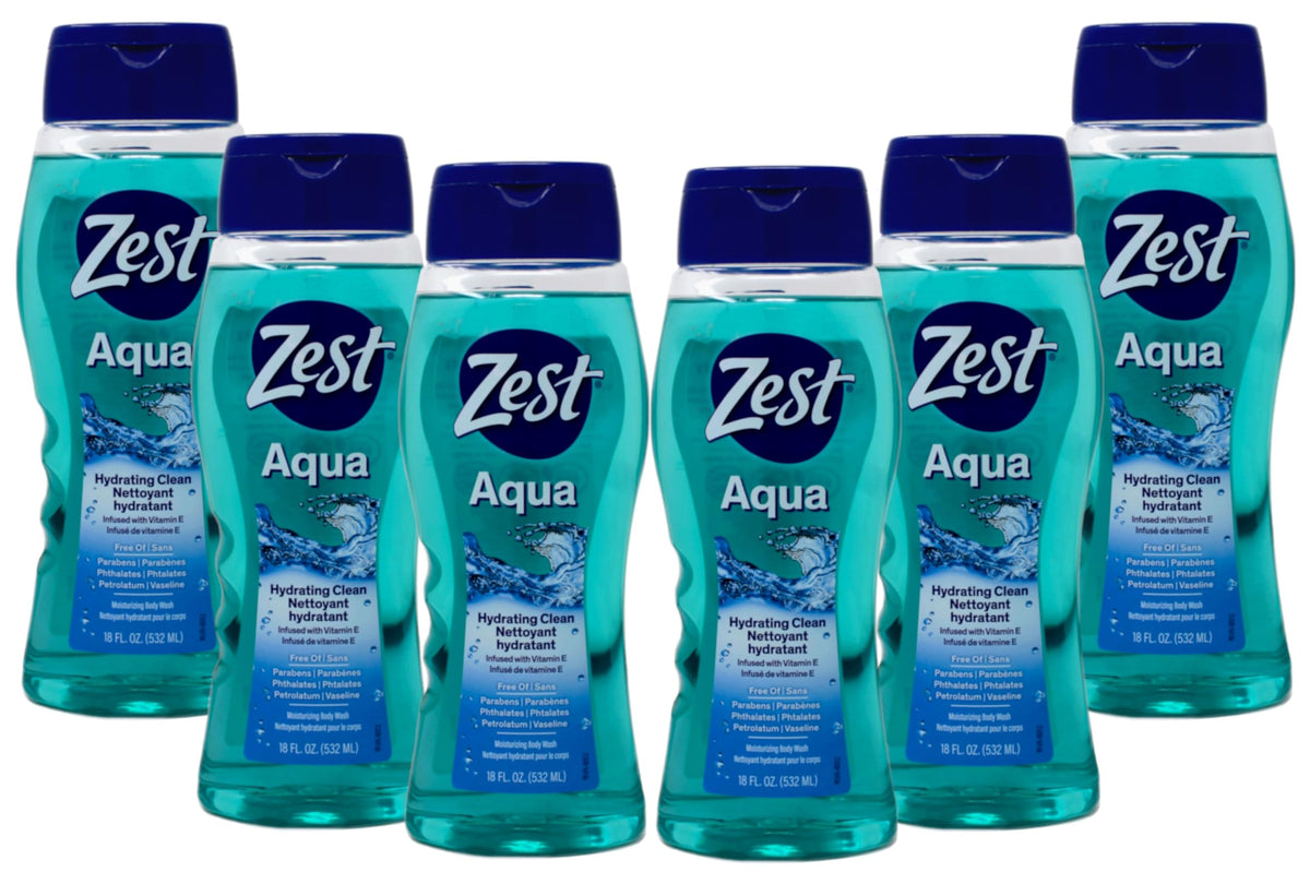Zest front packaging showing Aqua body wash bottle and label benefits
