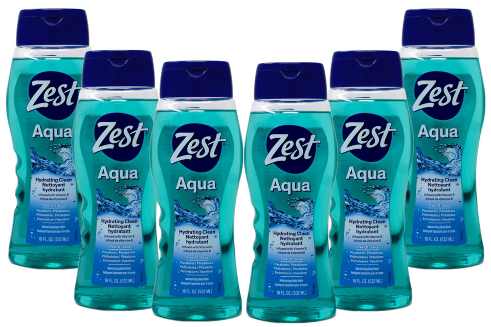 Zest front packaging showing Aqua body wash bottle and label benefits