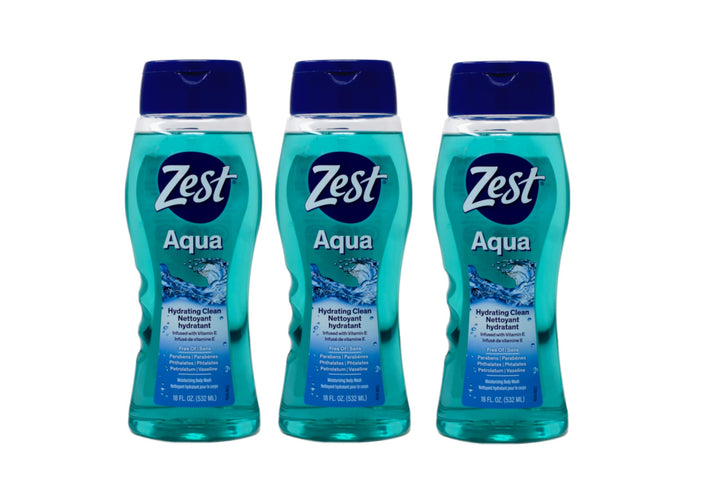 Zest front packaging showing bottle and fresh aqua scent benefit