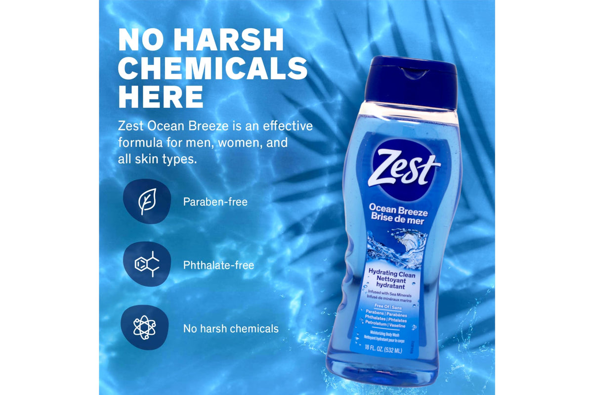 Zest poured into hand in shower showing lathering and hydrating benefit