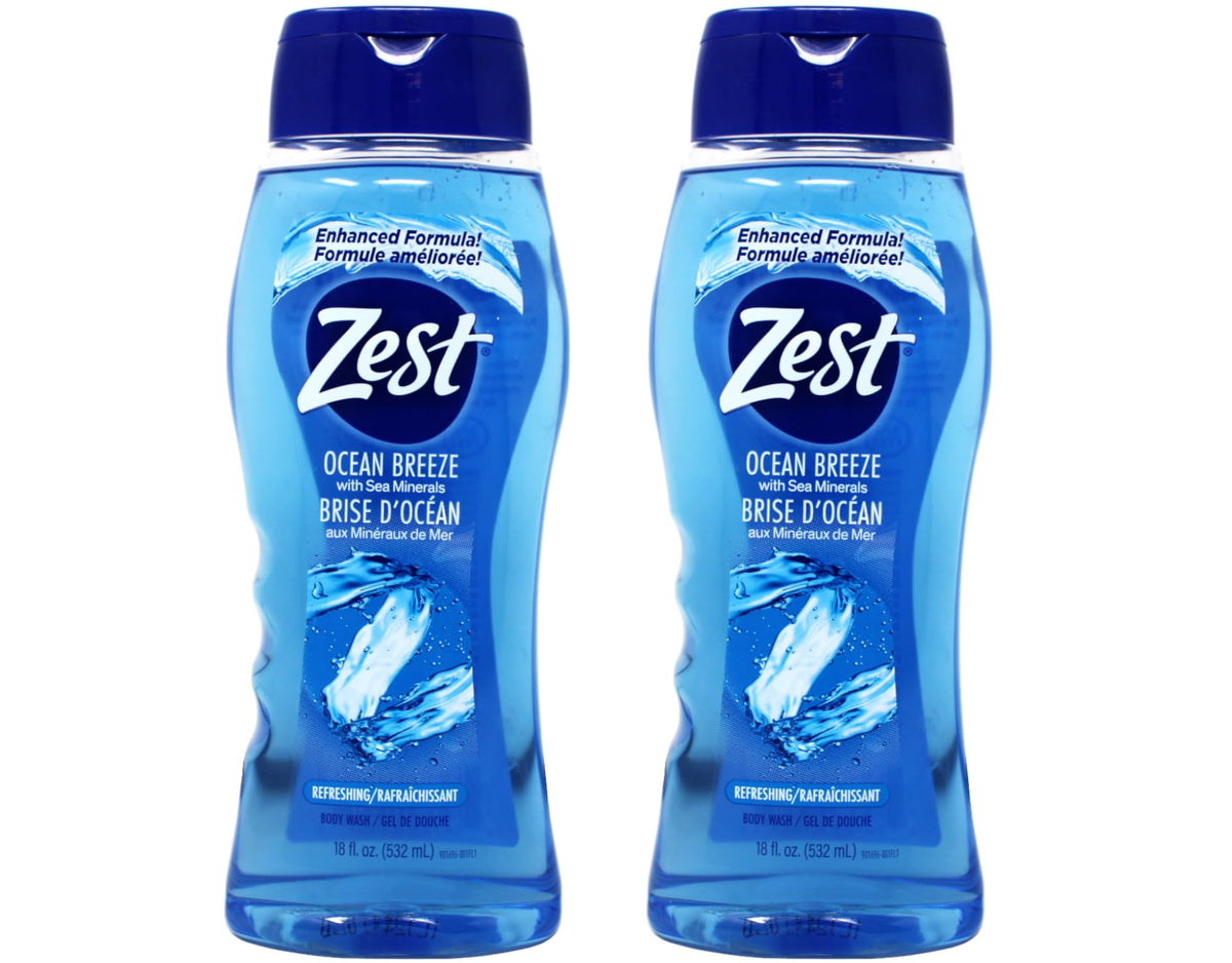 Zest ocean breeze front packaging showing two 18 oz bottles and clear label benefits
