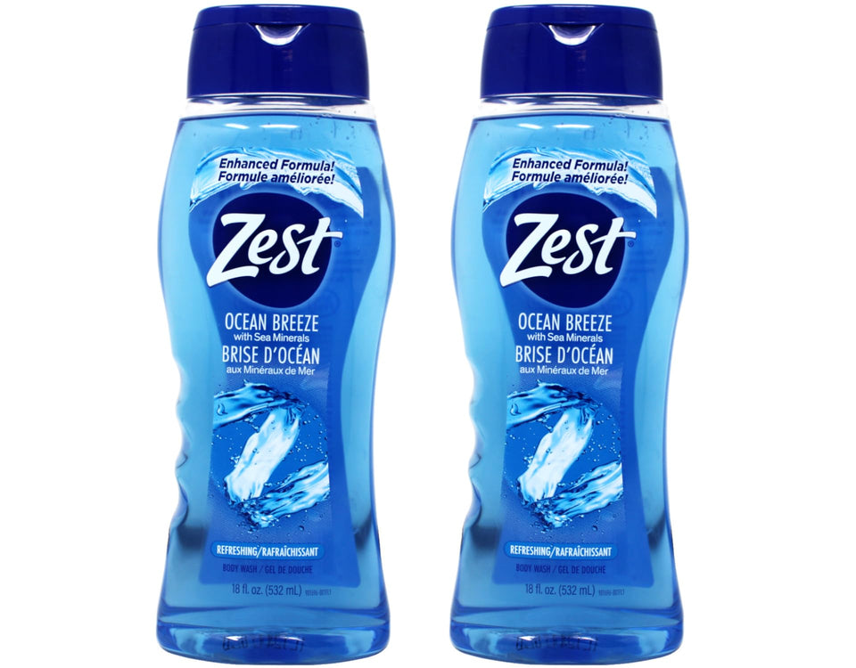 Zest ocean breeze front packaging showing two 18 oz bottles and clear label benefits