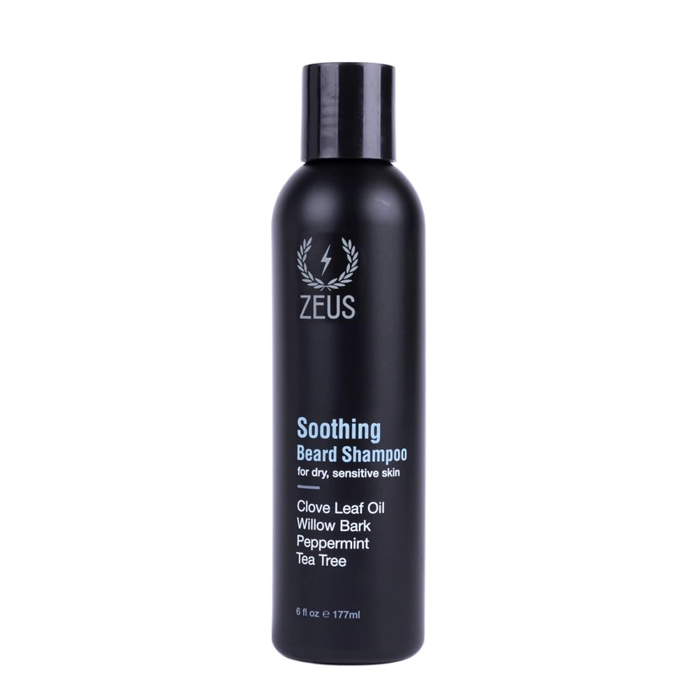 ZEUS front packaging of beard shampoo shows size and branding for confident grooming