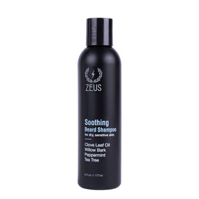 ZEUS front packaging of beard shampoo shows size and branding for confident grooming