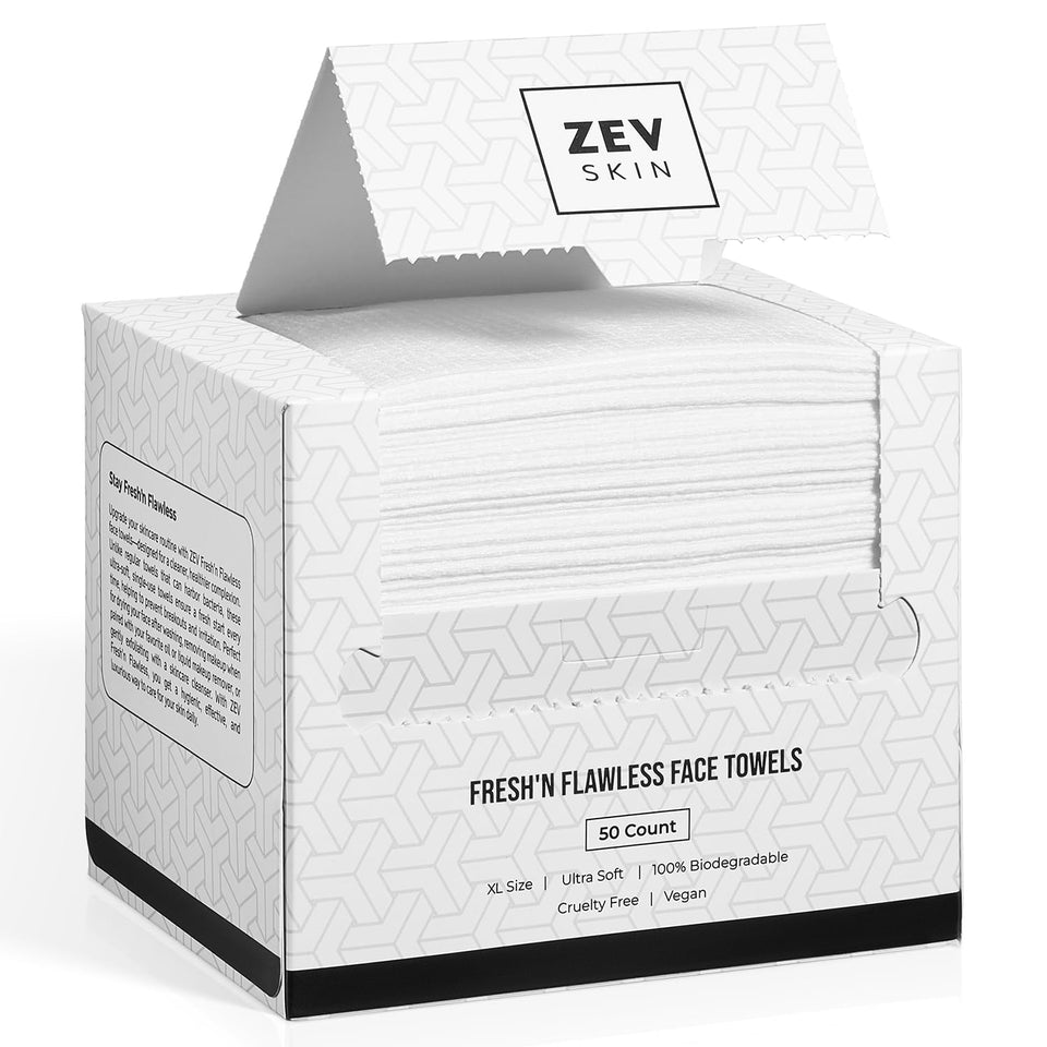 Zev front packaging showing 50-count biodegradable face towels and product benefit