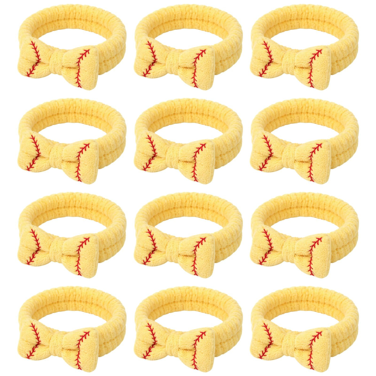 Zeyune front view of softball headband set showing bright yellow pattern and bows, boosts team look
